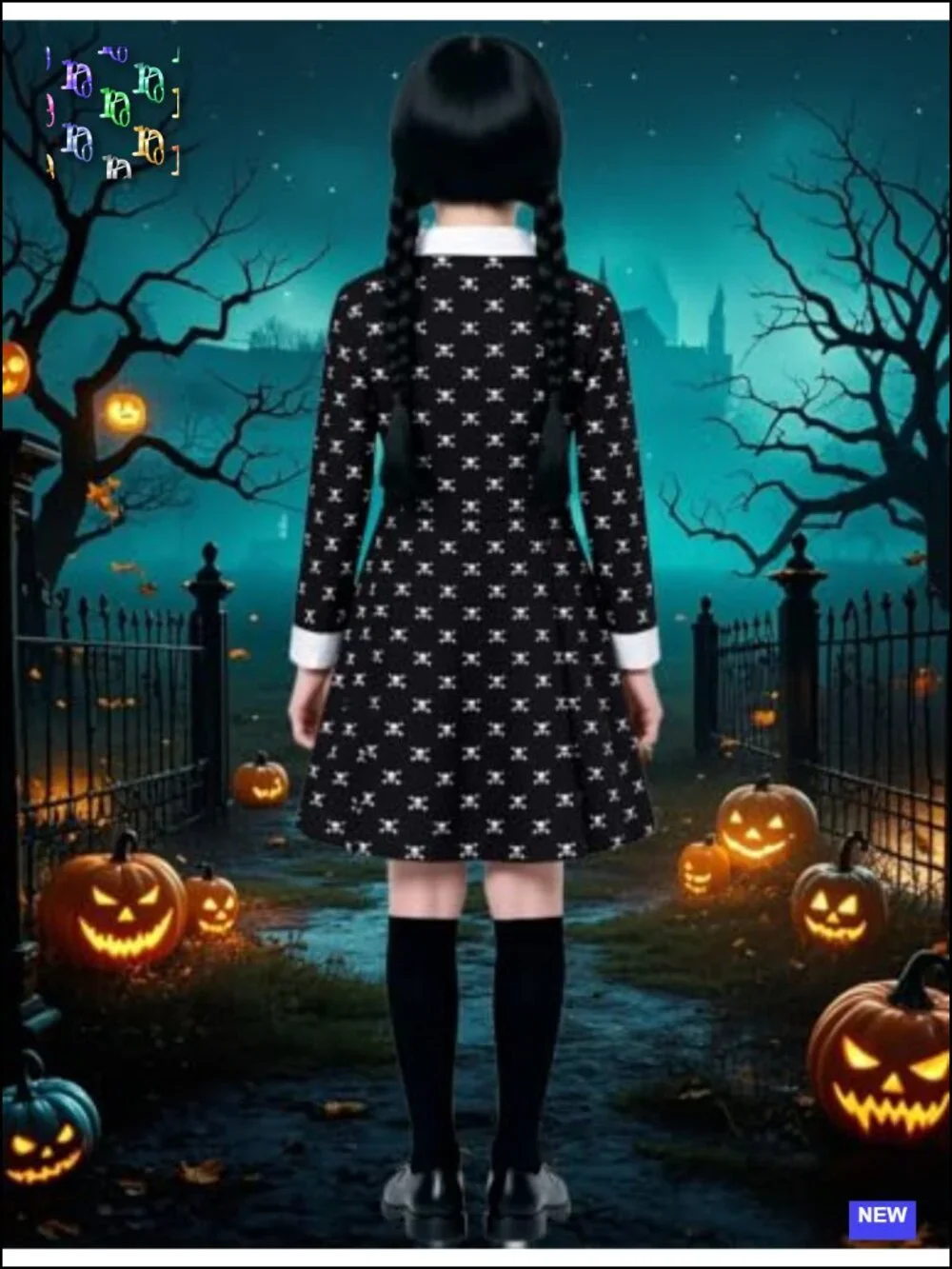 Girls Halloween Costume Princess Long Black Dress with Wig & Accessories